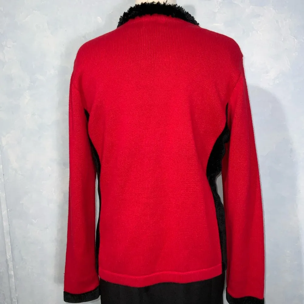 Berek Vintage Red & Black Beaded~Velvet~Fur~Zip Up Cardigan Sweater Large - Image 12