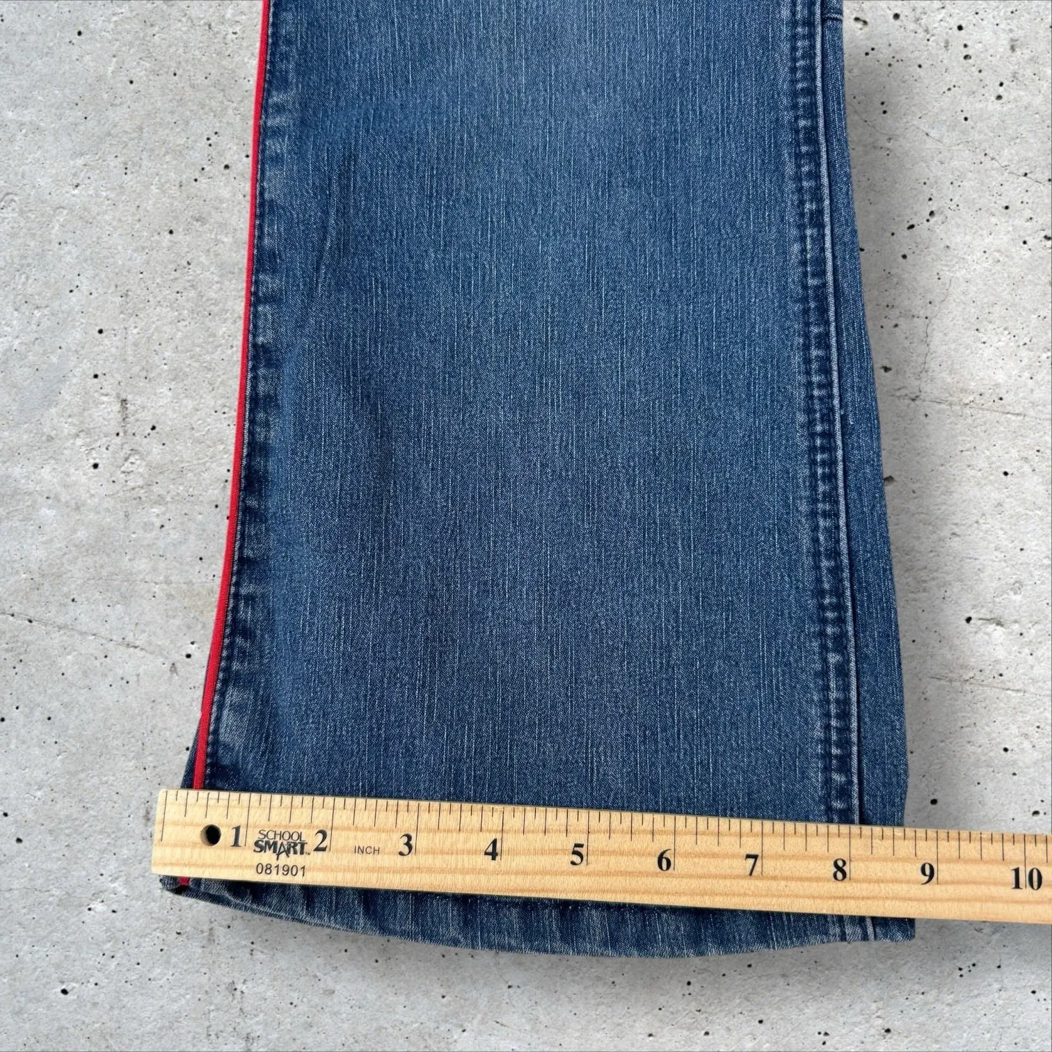 Vtg Y2K Ecko Red Deadstock Low‎ Rise Split Flare Jeans Embroidered Patch Sz 9 Blue - Image 7