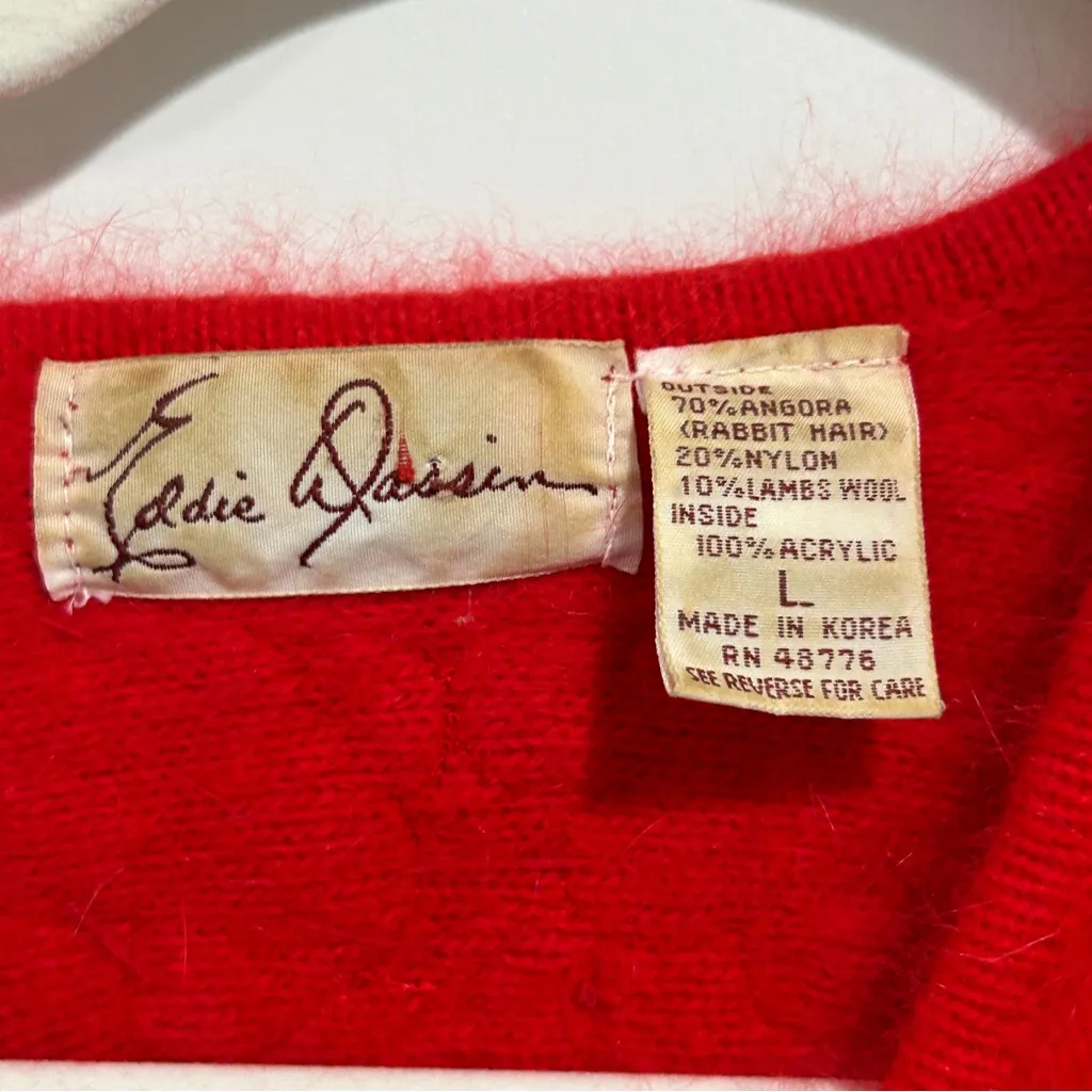 VINTAGE 80s EDDIE DASSIN Angora Rabbit Hair Wool Sweater Beaded size Large Red - Image 3