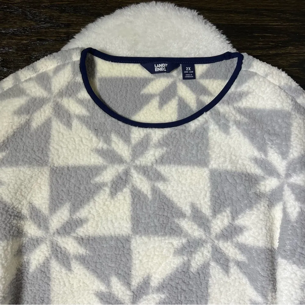 Land’s End Gray and White Sherpa Fleece Fair Isle Sweater - Image 2