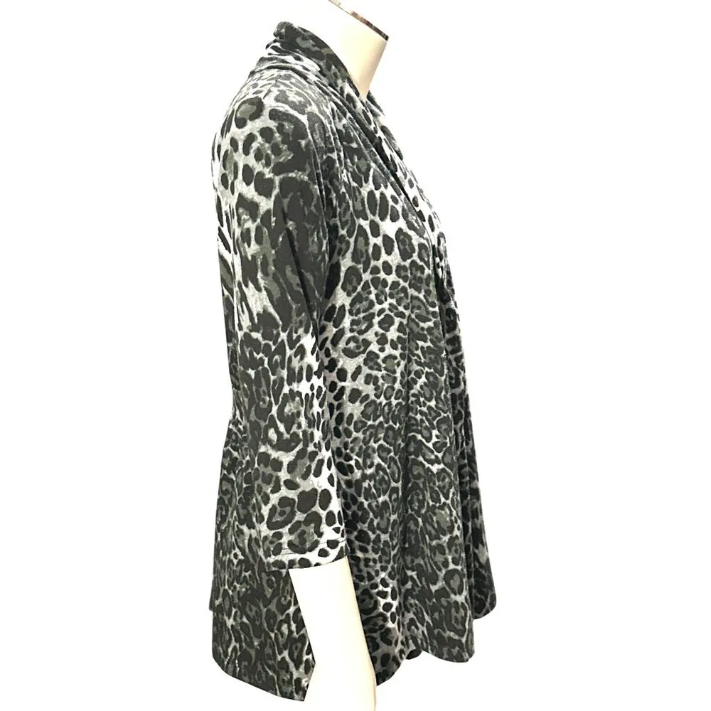 AB Studio  Leopard Print Cardigan Black Gray Medium Lightweight Knit Open Front - Image 5