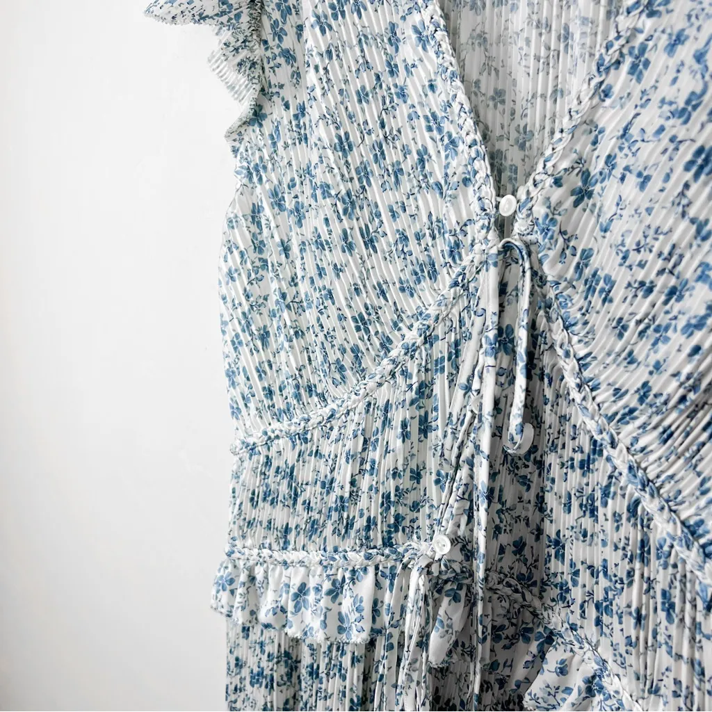 Polo Ralph Lauren Olea Floral Plisse Satin Blue White Floral Pleated Midi Dress - Image 8