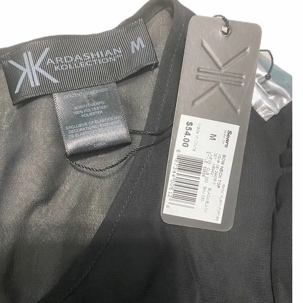 Kardashian Kollection Sheer Tie Bow Front Top Blouse Keyhole Back Black Medium - Image 3