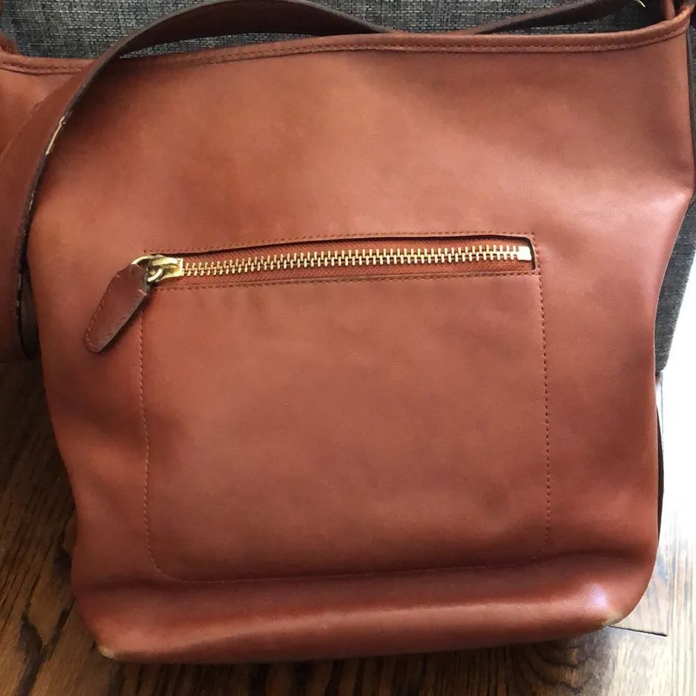 Brown Leather Tote Duffle Crossbody Shoulder Bag with Front Zipper Vintage - Image 9