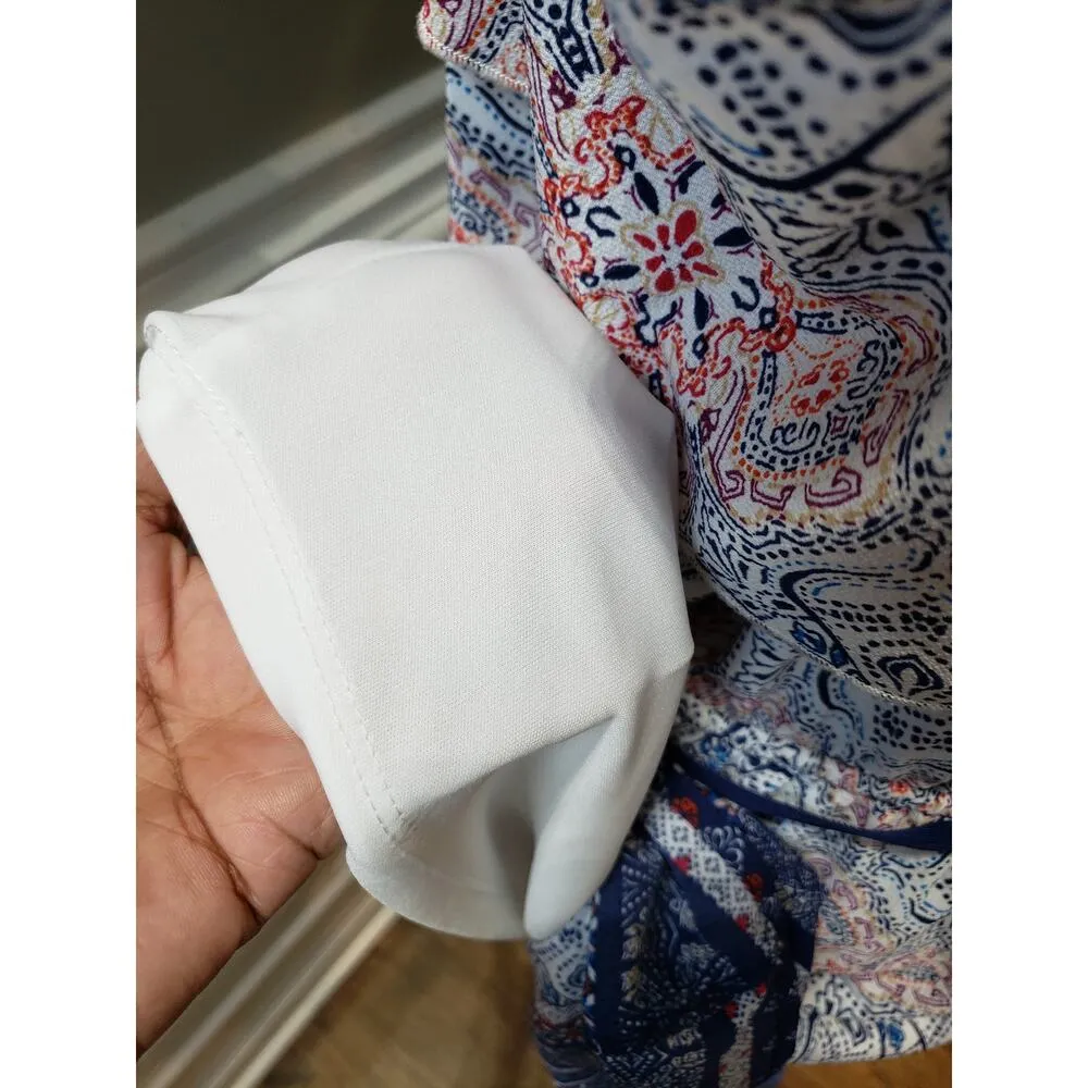 Maurices Dress Women Size X-L Blue Pink Boho Cold Shoulder Wrap Midi Belted - Image 14