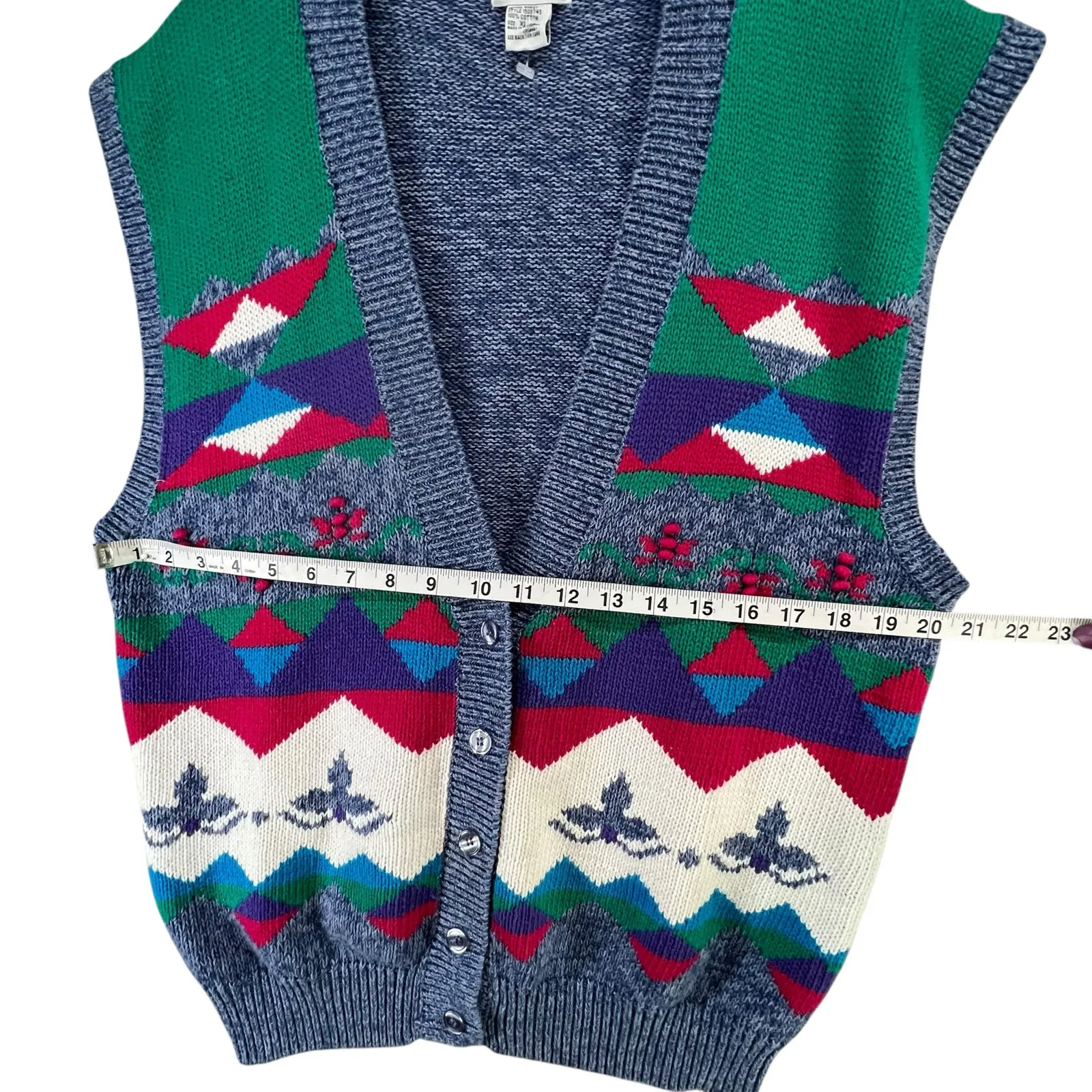 Vintage 80s Koret City Blues Sweater Vest XL Blue Geometric Retro Cottage Cabin - Image 4