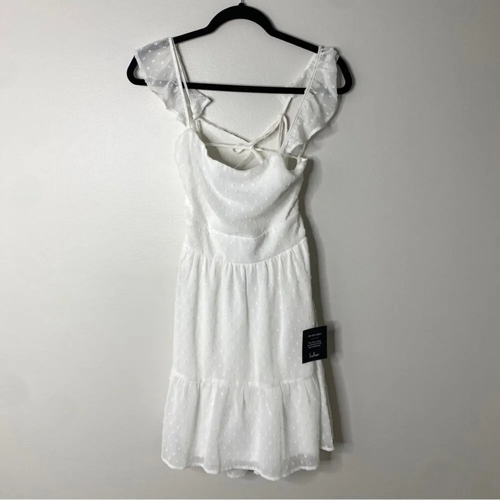Lulus Flutter of My Heart White Swiss Dot Ruffle Tie-Back Short Mini Dress Large - Image 6