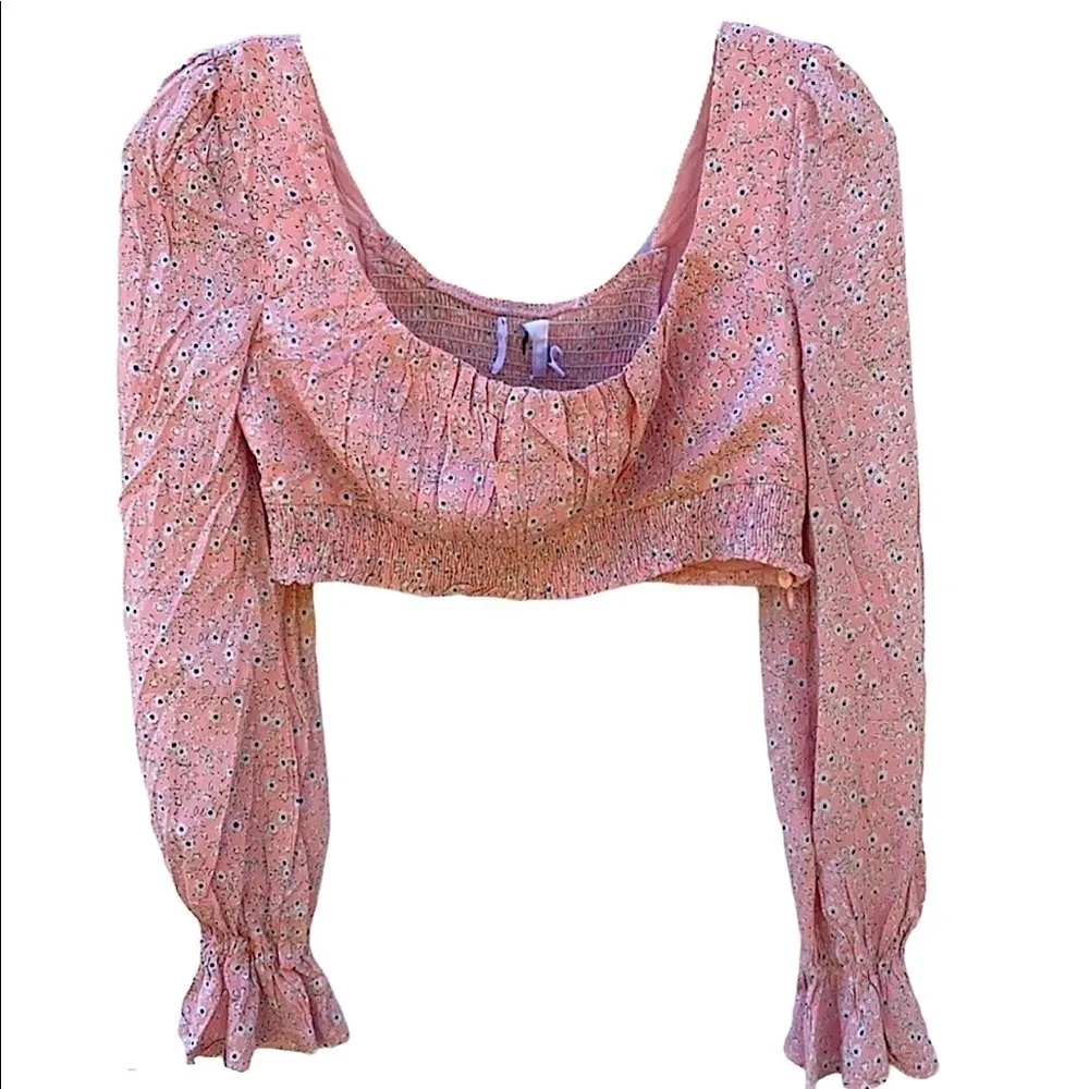 Princess Polly Susanna Smocked Floral Long‎ Balloon Sleeve Crop Top Blush Pink 6 - Image 5