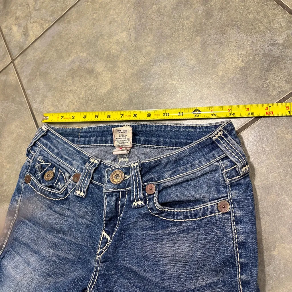 True Religion Womens Cropped Distress Washed Sz 28 Disco Joey Flare Logo Y2K EUC - Image 10