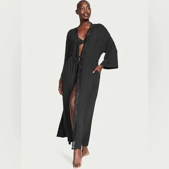 Victoria's Secret Black Modal Lace Detail Robe - Image 2