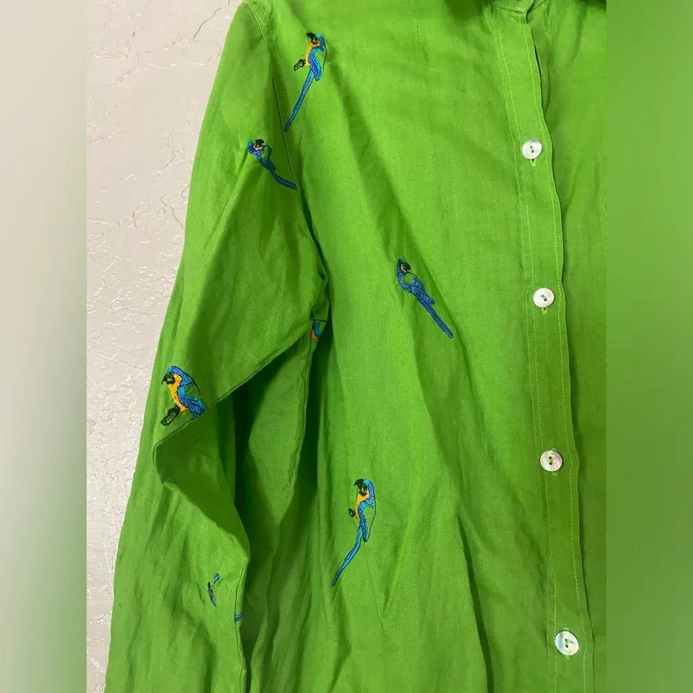 Casey Coleman Embroidered Parrot Long Sleeve Button Shirt M Oversize Green Linen Size M - Image 4