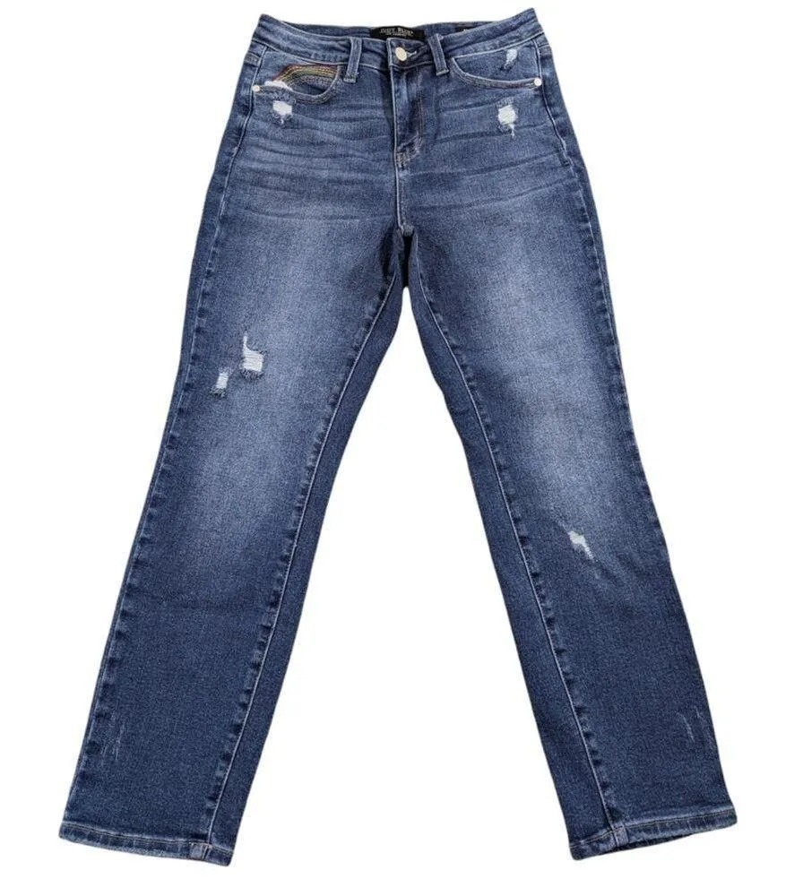 Distressed High Rise Straight Rainbow Stitch GUC Size 5/27 J1298 - Image 5