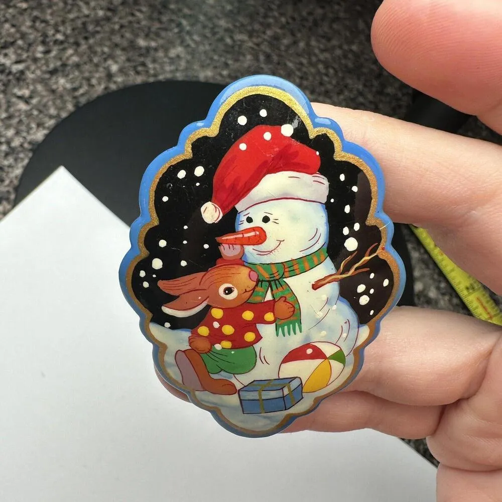 Hand Made In Russia Christmas Holiday Snowman Brooch Pin Paint Lacquer Russian - Image 11