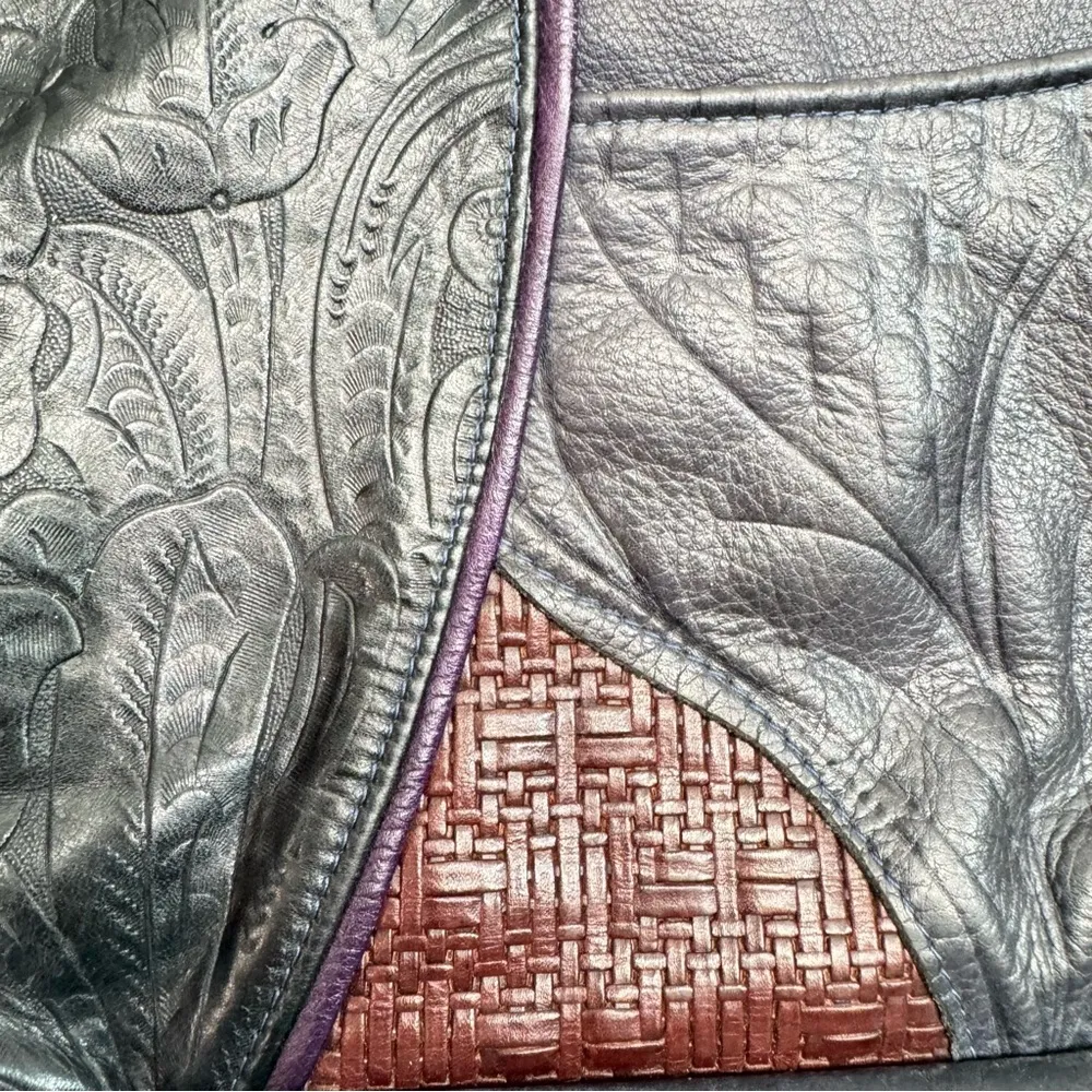 Vintage Patchwork Genuine Leather Shoulder Bag Purse Tooled Floral Croco Gray - Image 7