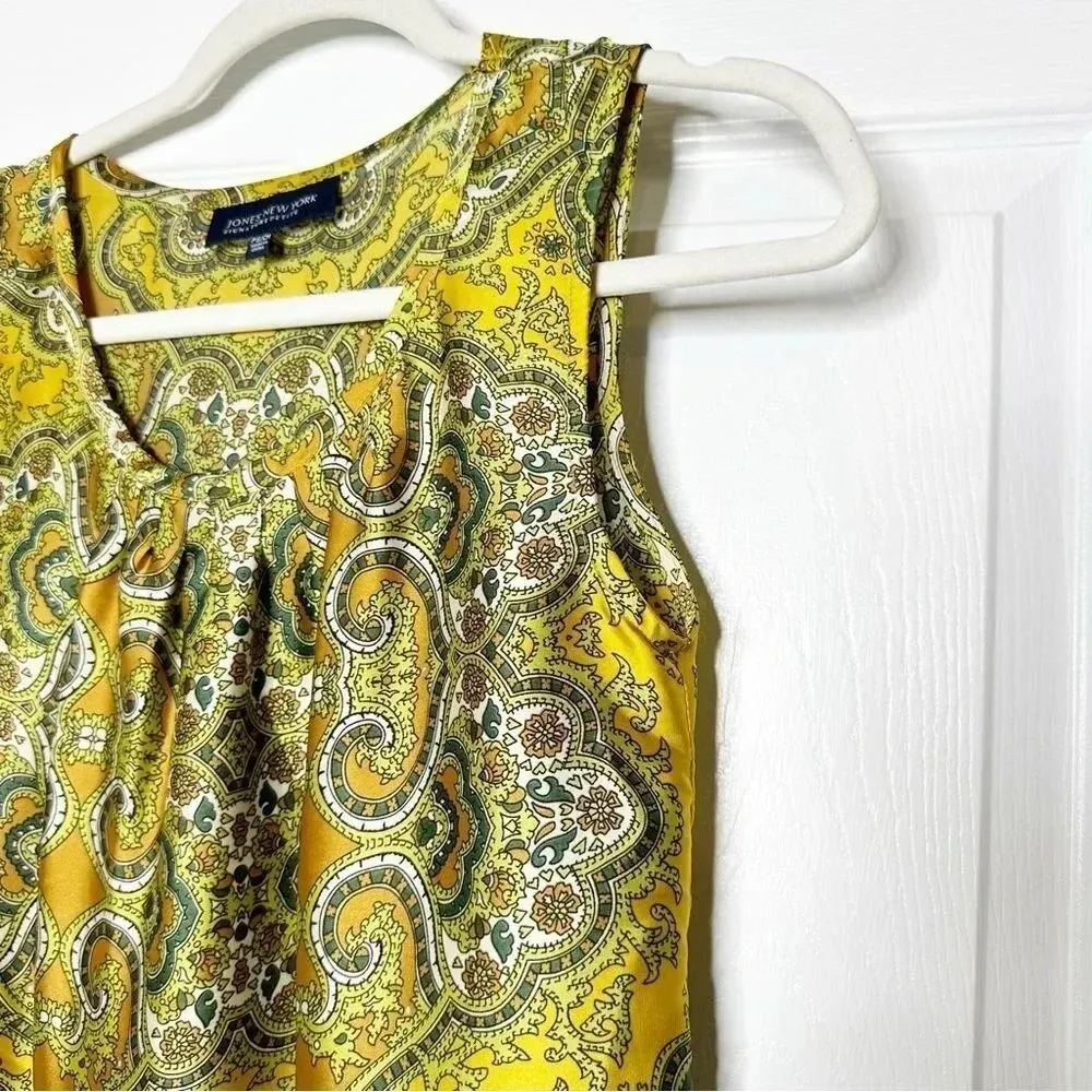 JONES NEW‎ YORK Yellow Scarf Print Sleeveless Blouse Size Petite Small - Image 2