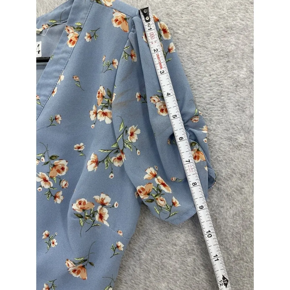 Sweet Wanderer Women's Blouse Blue Floral Peplum Surplice Small Ruched Sleeve - Image 6