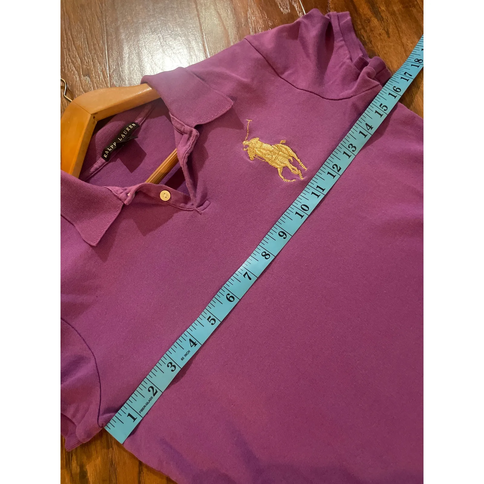 RALPH LAUREN Big Logo Polo Shirt Tee Top Purple PREPPY Size Medium M Gold Cotton - Image 6