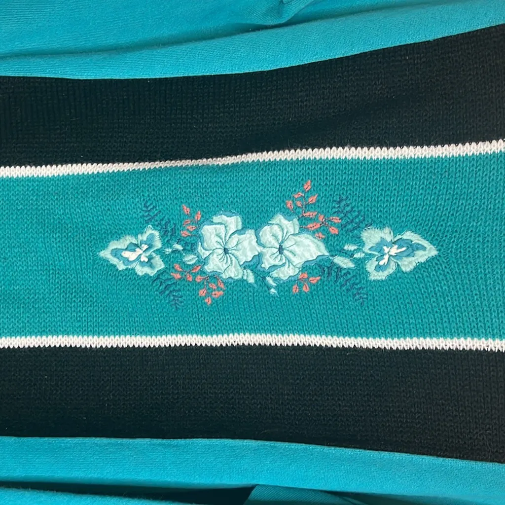 Vintage knit Embroidered Sweatshirt floral chunky collar 80s 90s teal Collared White Size L - Image 4