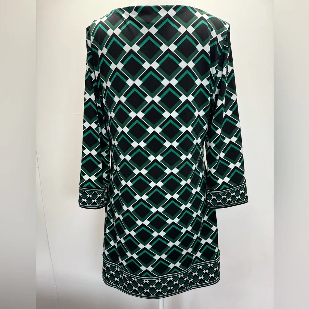 White House Black Market Black Green & Ivory Geometric Print 3/4 Sleeve Dress M - Image 5
