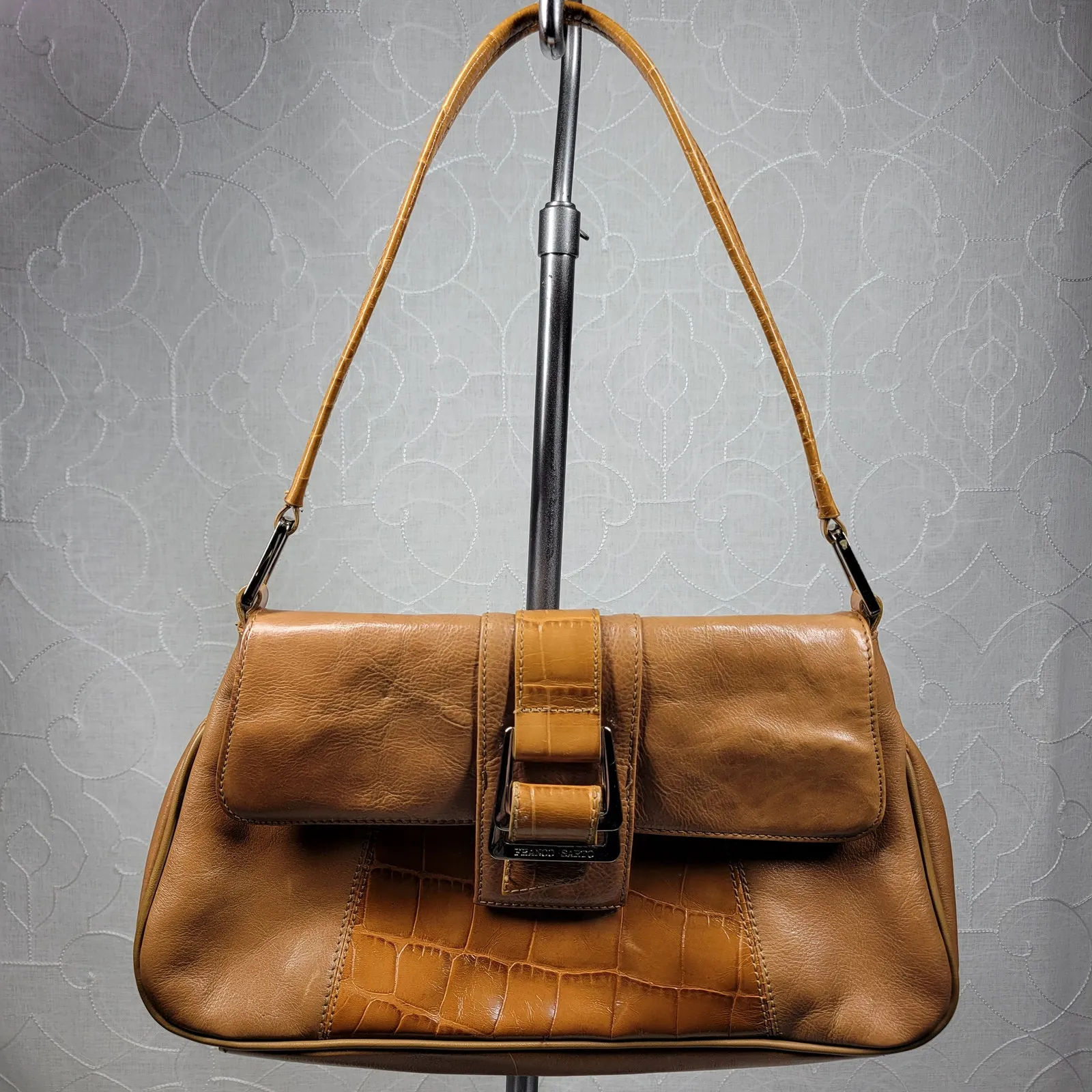 VTG Franco Sarto Y2K Leather Shoulder Bag Tan Alligator Trim Baguette Purse - Image 6