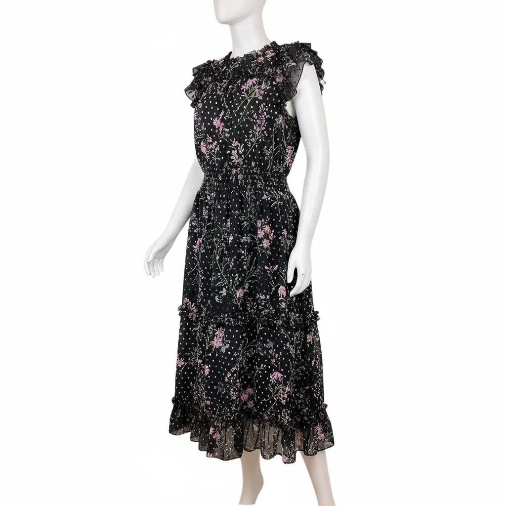 CeCe Black Floral Flutter Sleeve Smocked Waist Midi Dress Women's M - Image 3