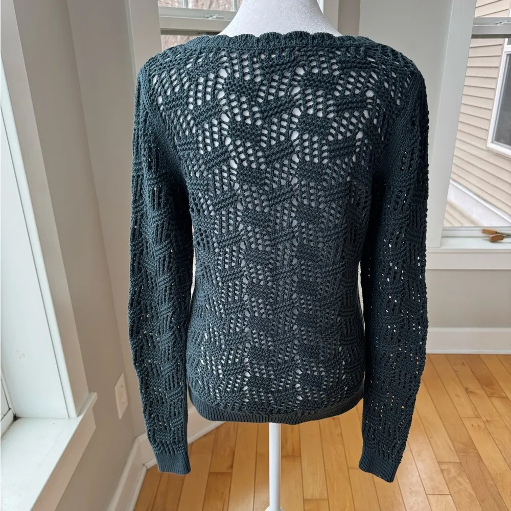 LOFT Dark Teal Green Crochet Cotton Crewneck Sweater w Scalloped Detail Sz XS - Image 3
