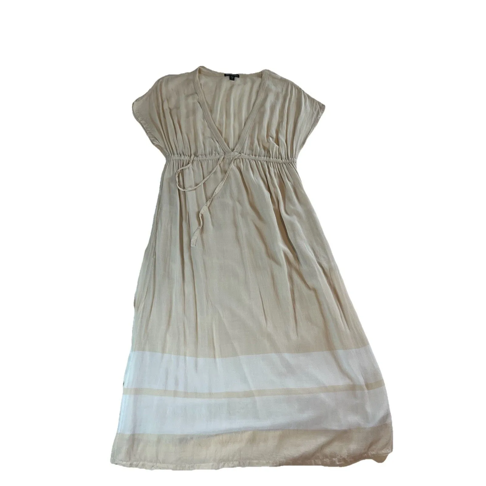 James Perse Los Angeles Women Size 2 US M Empire Dress V Neck Drawstring Tan - Image 3