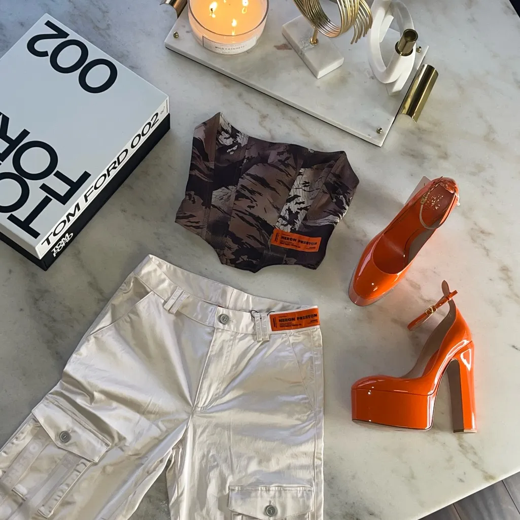 Heron Preston Camouflage Satin Corset Top H.W.C. Zip-Up Logo Tape Size 2 IT 38 - Image 8