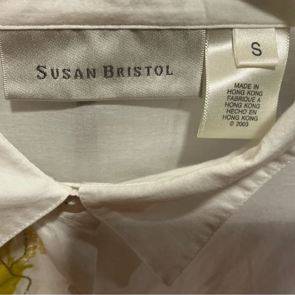 Susan Bristol women’s button up shirt long sleeve white cotton flower embroider - Image 5