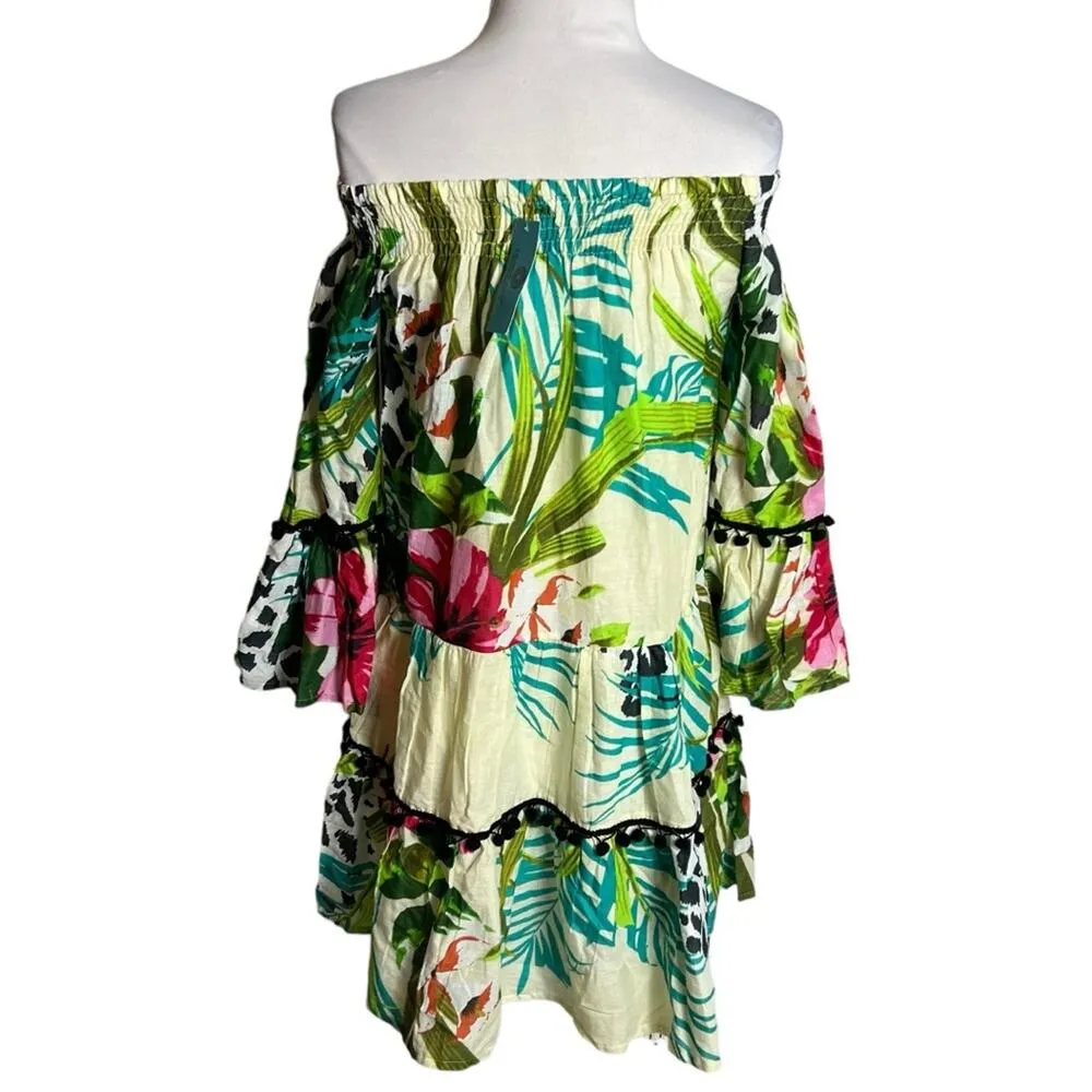 NWT Debbie Katz south beach tropical floral dress odd shoulder Pom Pom Sz XS - Image 3