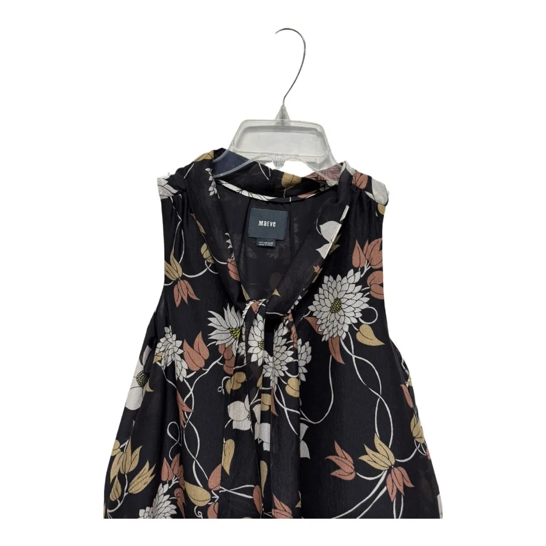 Maeve Anthropologie Blouse Pullover SILK Black Floral Neck Tie Sleeveless Size 0 - Image 3