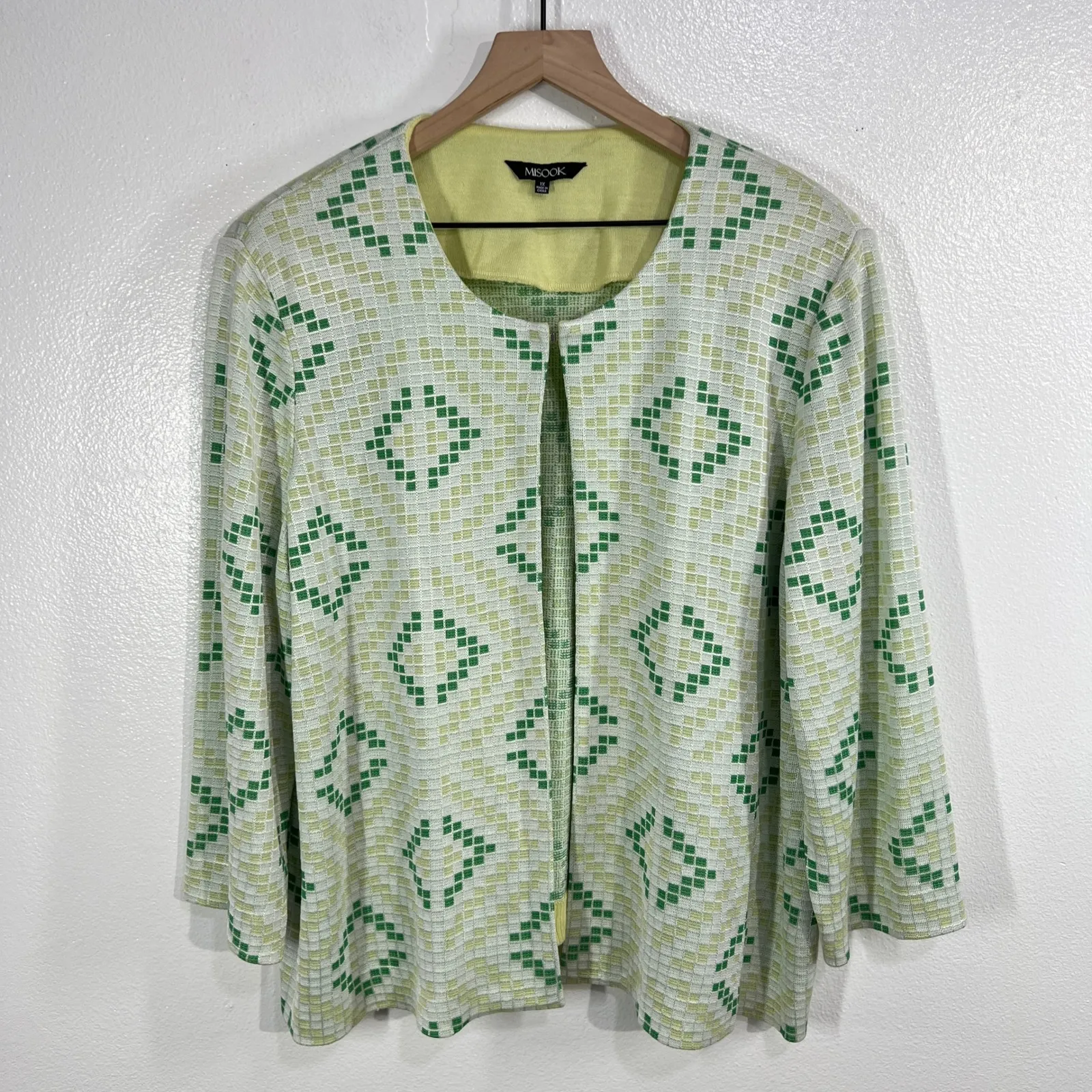 MISSOK Women 1X Green Ivory Open Front Knit Jacket Geometric Lightweight Chic - Image 2