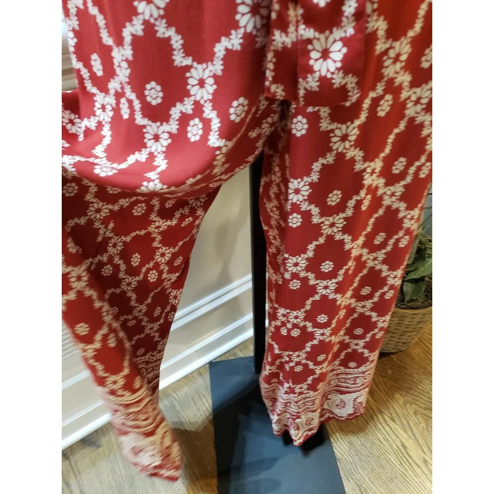 New York & Company Jumpsuit Womens Large Red Floral Strapless Tie Waist Wide Leg - Image 13