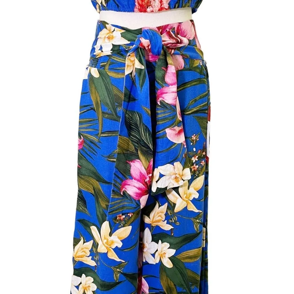 Cupcakes & Cashmere Tropical Blue Linen Crop Top Wide Leg Pant Set Size Small - Image 9