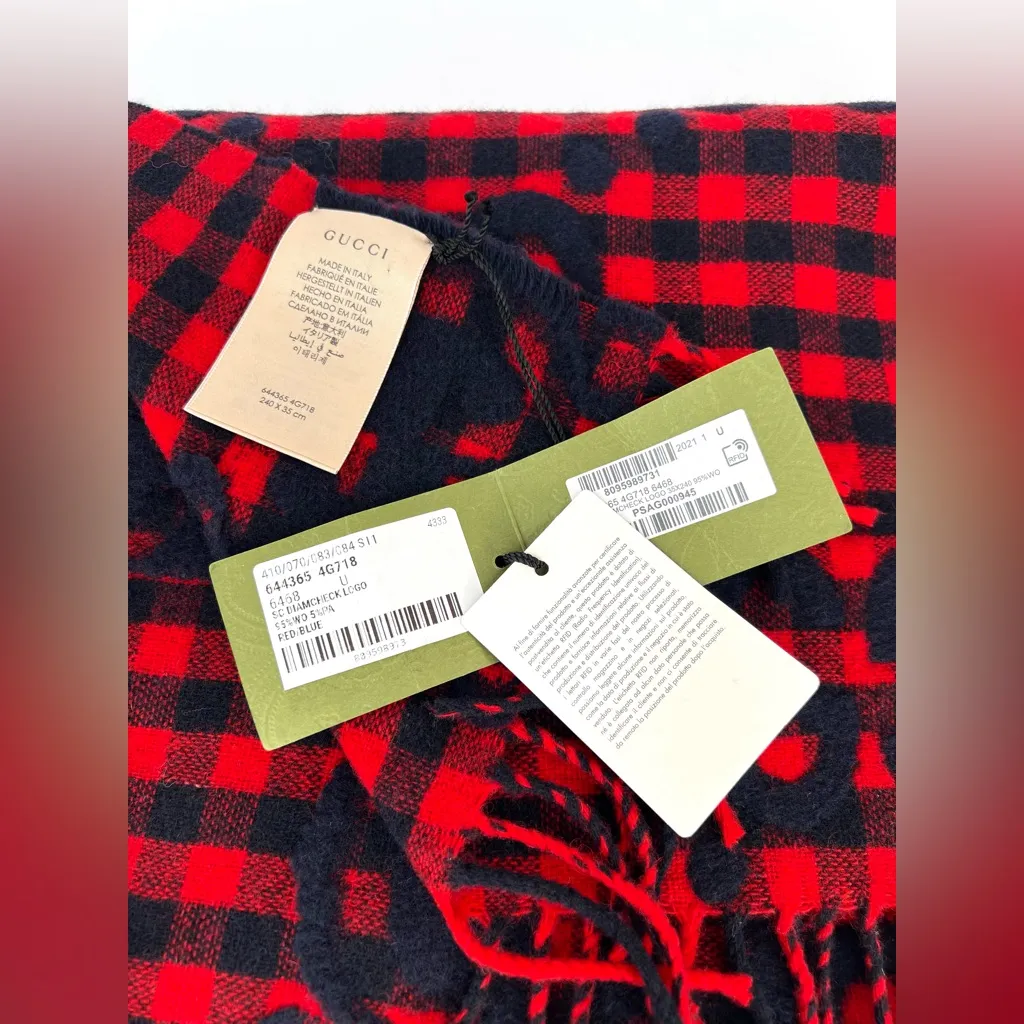 Gucci 644365 Red Blue Wool Jacquard Check GG Diamcheck Logo UNISEX Fringe Scarf - Image 3