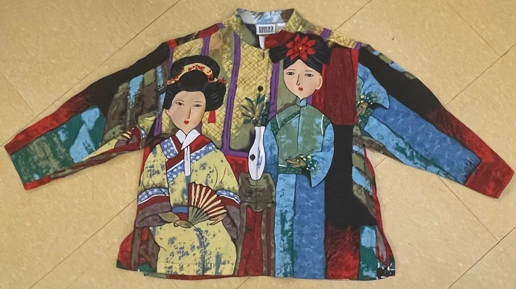 Chicos Design Asian Geisha 100% Silk Blouse Button Up, 3/4 Length Sleeves; 1 - Image 1