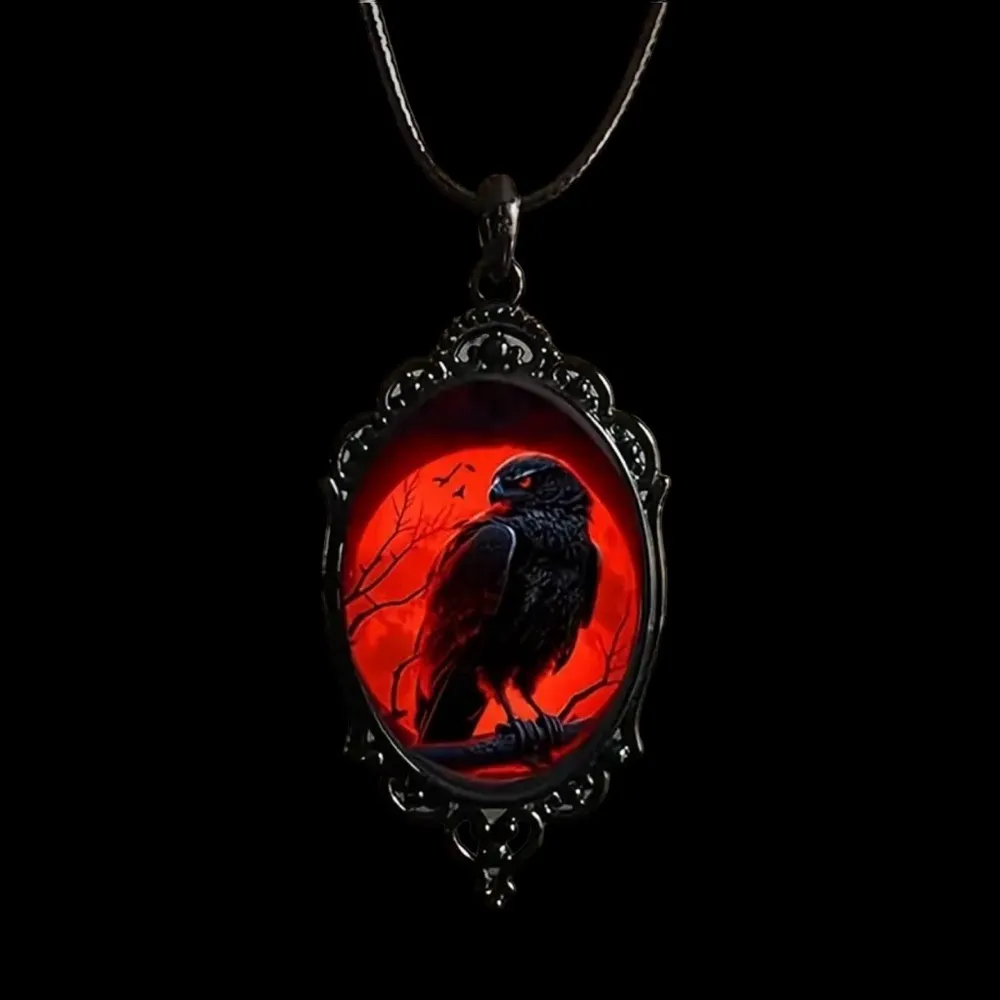 Red Moon Eagle Cameo Necklace Gothic Style Glass Pendent Choker Mystic Witch Jew Black - Image 5