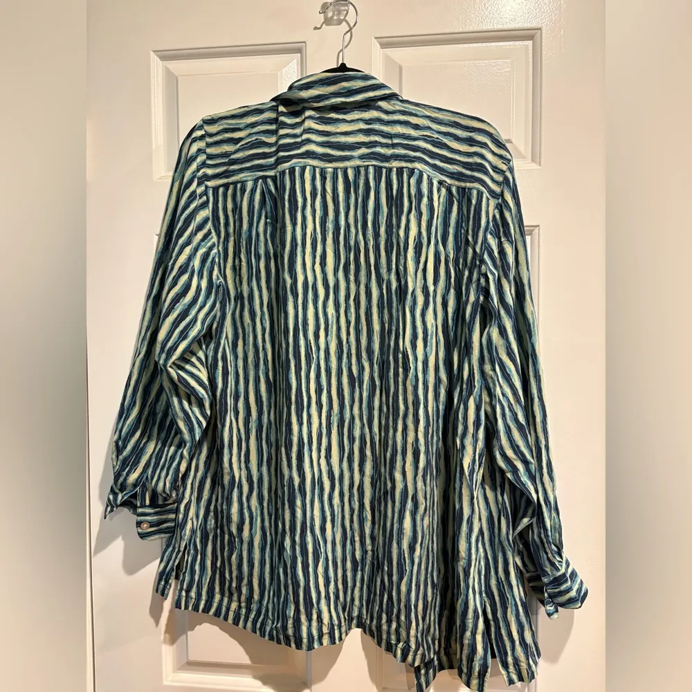 Amanda Smith silk striped button down shirt blouse green L - Image 2