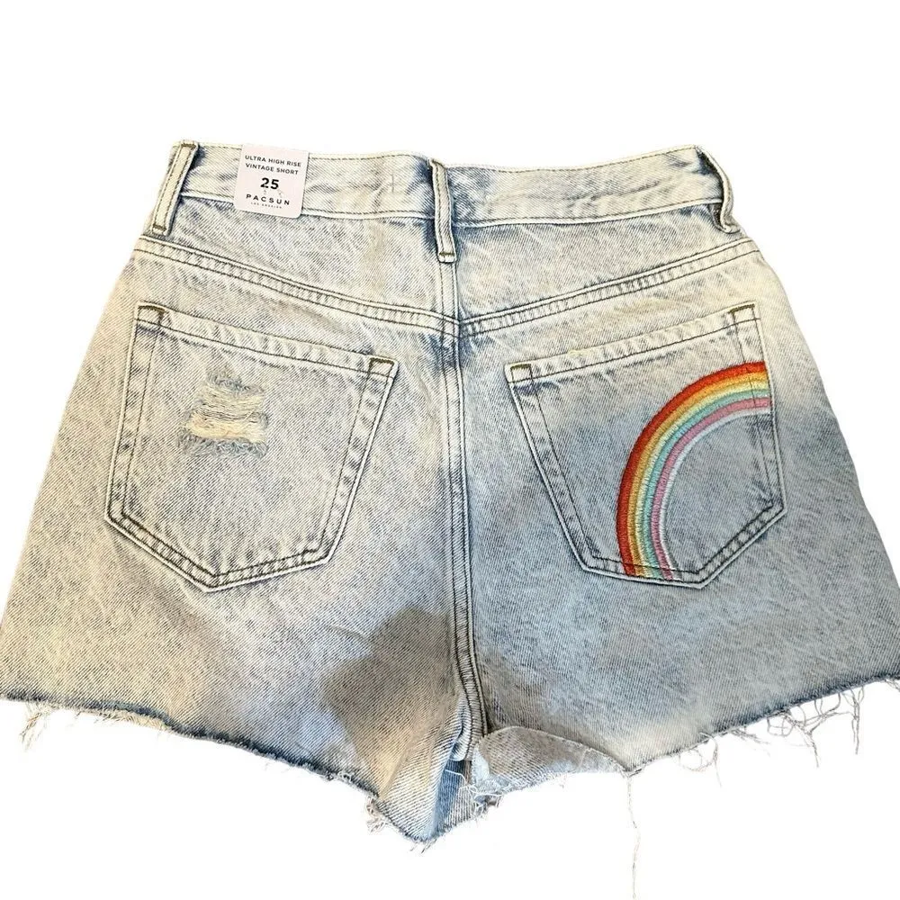 PAC SUN ULTRA HIGH‎ RISE LIGHTWASHED DISTRESSED VINTAGE SHORT 25 RAINBOW POCKET - Image 2