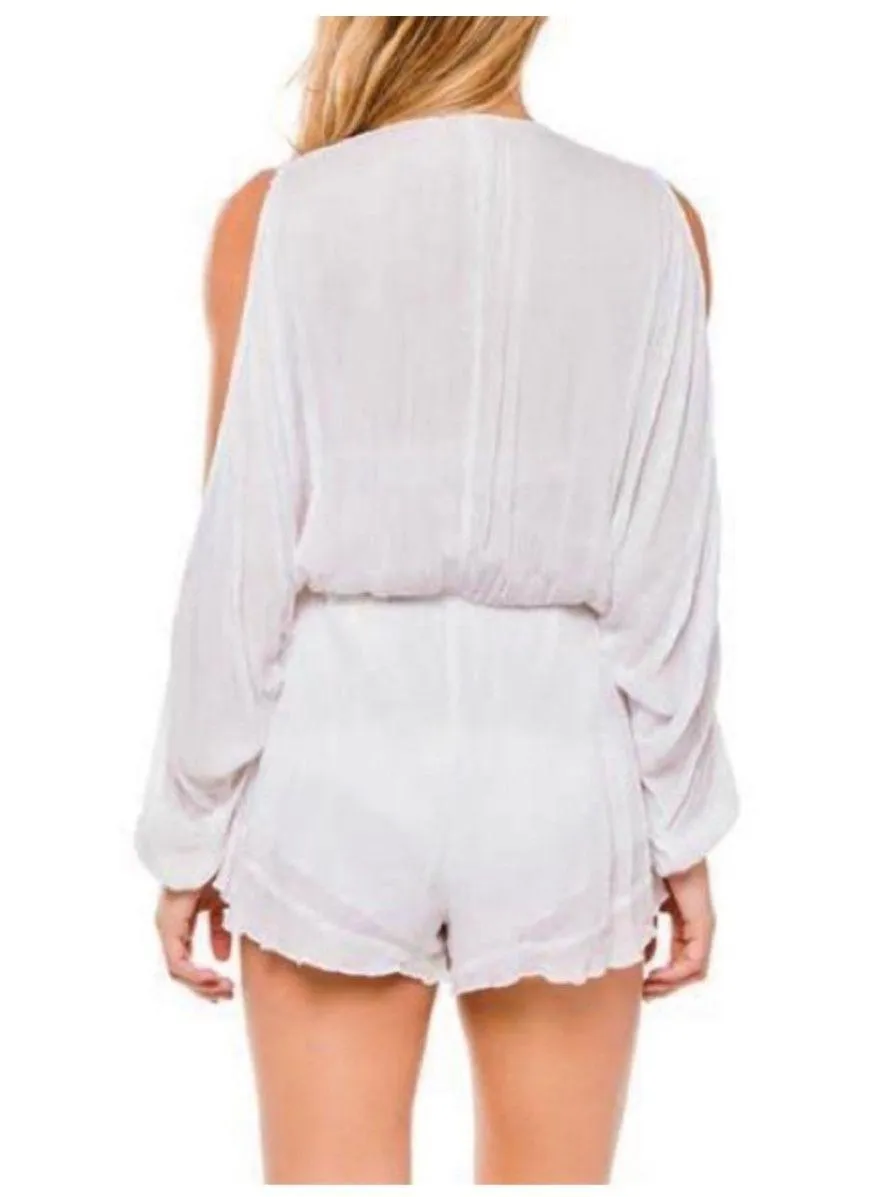 Dolman Slit Sleeve Cut Out Plunge Neck Strappy Lace Up Romper White Large Boho - Image 4