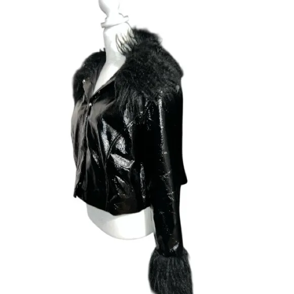 Divided  Black patten Leather cropped Jacket with Faux Fur Trim - Image 10