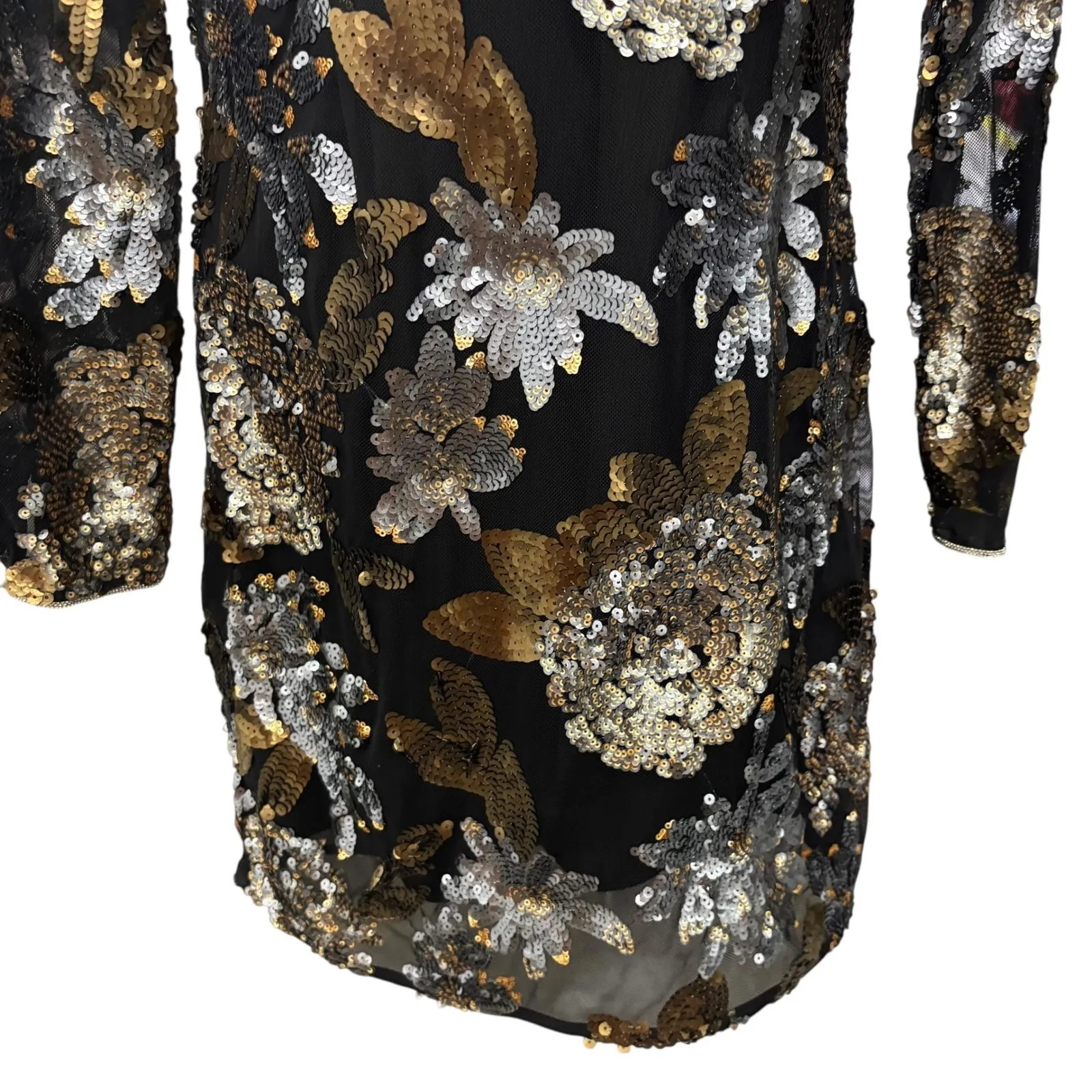 Topshop Women's Black Gold Silver Floral Sequin Embellished Party Dress‎ Size 6 - Image 4