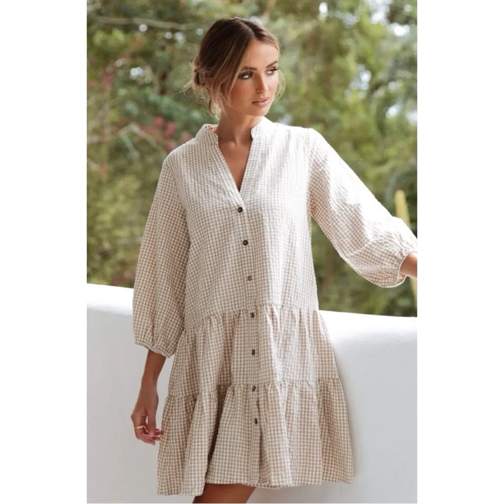 Petal + Pump Tan Gingham Searsucker Mini Shirtdress Dress - Image 2