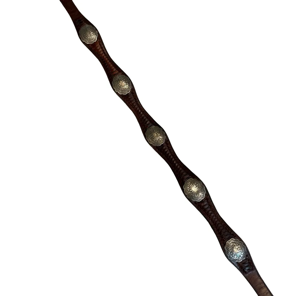 Vtg B.A.S. 95 Braided Leather Concho Western Belt Etched Floral Buckle Brown - Image 9