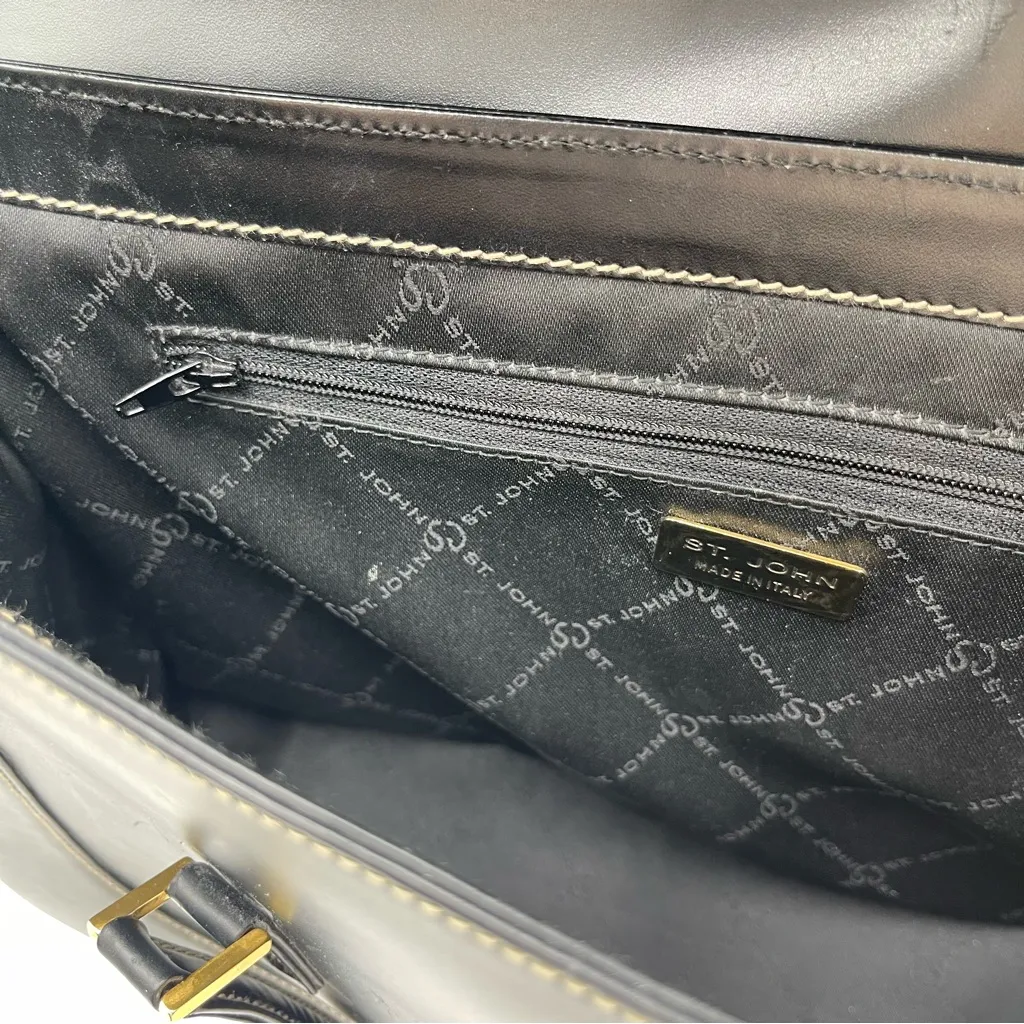 Vtg St. John Black Leather Shoulder Bag Purse Minimalist Gold Hardware Italy - Image 11