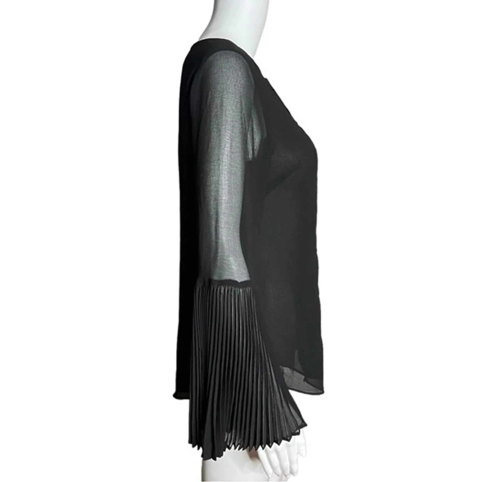 White House Black Market Shirt Womens 2 Black Pleated Sleeve Blouse Bell Sleeves - Image 2