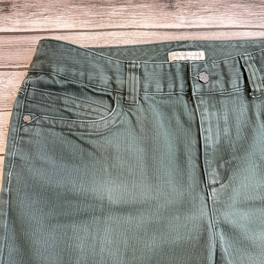 Christopher & Banks Women's Dark Green Denim Straight Leg Jeans 14 Textured Zip - Image 4