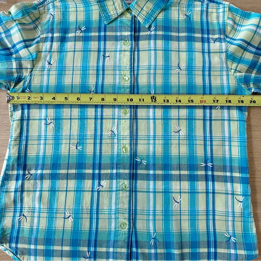 Vintage Bobbie Brooks Sz M 100% Cotton Dragonfly Button Up Green/Blue Plaid Blue Size M - Image 11