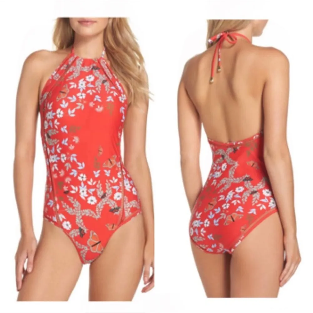 Ted Baker Red Kyoto Floral Butterfly Print One-piece Halter Open Back Swimsuit - Image 4