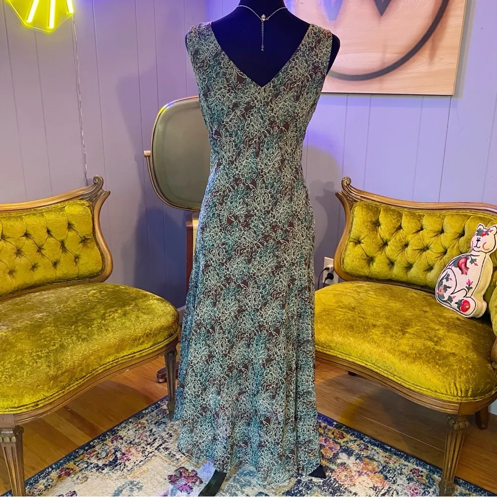 Vintage 90s/Y2K R&M Richards Swirling Floral Fairycore Maxi Dress Size 12P Brown - Image 5